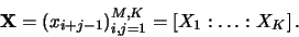 \begin{displaymath}{\bf X}=(x_{i+j-1})_{i,j=1}^{M,K}=[X_1:\ldots:X_{K}] \, .\end{displaymath}